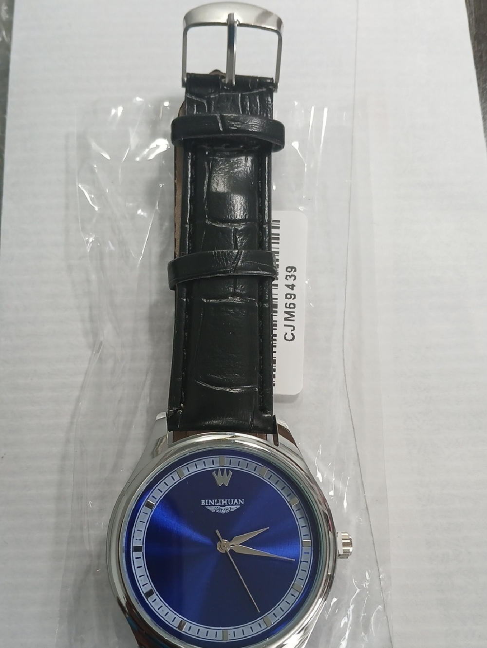 Men's Black Leather Strap Watch with Blue Dial